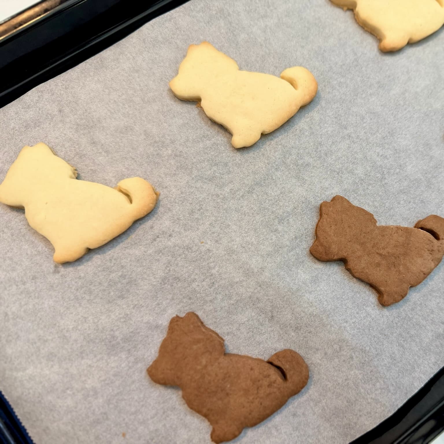 Baked dog-shaped cookies on a parchment-lined tray